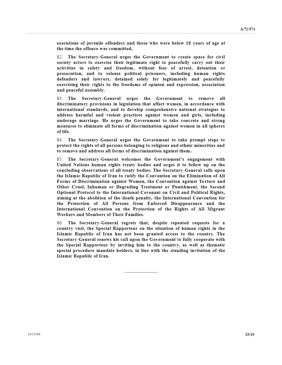 UNSG Report on Rising Rights Violations - Iran